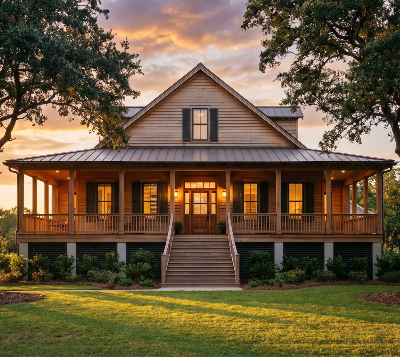 Illustration: a raised house with a wraparound porch and a metal roof, between two live oaks at sunset